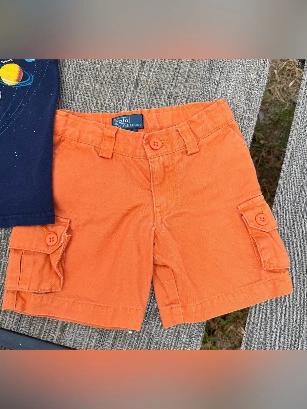 Ralph Lauren Orange Toddler Cargo Shorts w/Colorful Planets Shirt, 2T FIRM PRICE